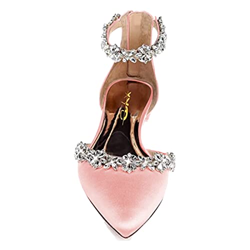 Image of XYD Women Classic Pointed Toe D'Orsay Wedding Flat Sandals Sparkly Rhinestones Ankle Strap Low Heel Dress Shoes with Zipper
