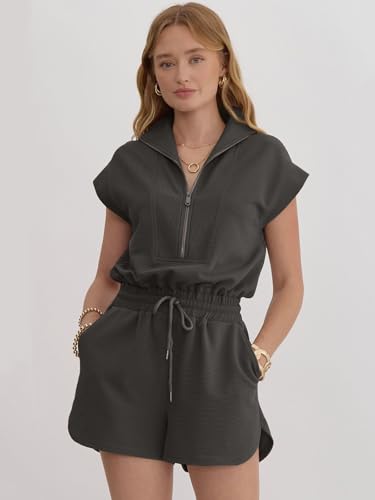Image of Rompers for Women Summer Short Sleeve Half Zip Lapel Collar Jumpsuit Casual Drawstring One Piece Outfits with Pockets