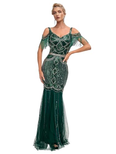 Image of Women Evening Maxi Long Dress 1920s Sequin Mermaid Hem Wedding Prom Gown Costume w / 20s Gatsby Accessories Set
