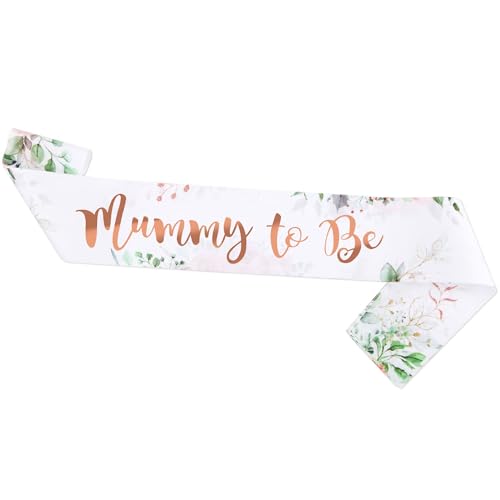 Foyscr Mummy to Be Sash Baby Shower Favors Sage Green Yarn Satin Botanical Pattern Shimmering Rose Gold Mum to be Gifts for Baby Shower Decorations