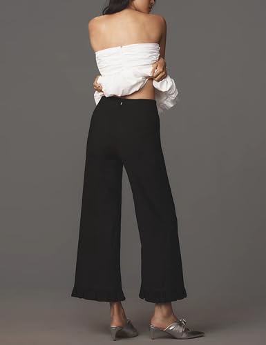 ACCPUR Women's Plaid Flare Pants Summer Casual Gingham Elastic Waist Ruffle Cropped Hem Y2K Loose Fit Trousers with Pockets Black — view 5