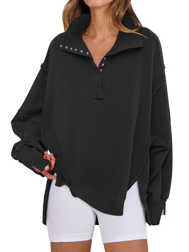 ANRABESS Women's Sweatshirts Oversized Casual Loose Button Up Henley Pullover Top High Low Split 2025 Fall Fashion Outfits Black X-Large