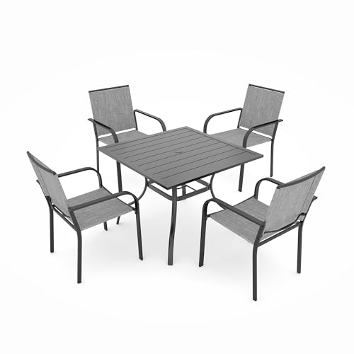 Image of Anmutig 5 Pieces Patio Dining Set, Outdoor Furniture Set Includes 1 Square Patio Table and 4 Stackable Patio Chairs, Outdoor Table and Grey Chairs for Garden Backyard Deck