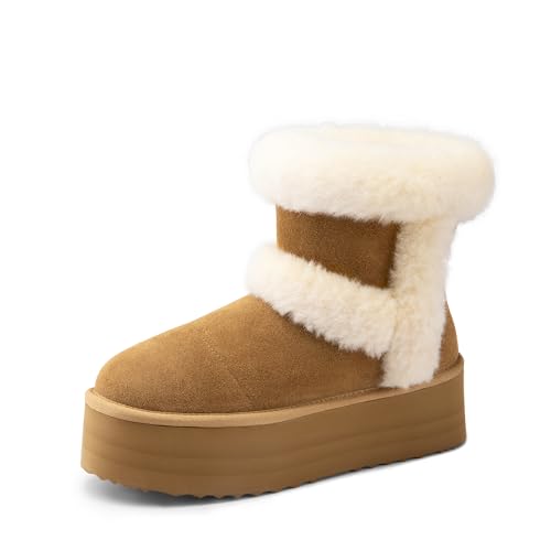 DREAM PAIRS Winter Platform Fur Boots for Women Genuine Suede Faux Fur Snow Booties Classic Warm Slip-On Memory Foam Comfort FuzzyChic Plush Platform Ankle Boots