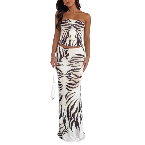 Image of Goafuliy 2 Piece Skirt Sets for Women Summer, Floral Sleeveless Tube Top Bodycon Maxi Skirts Y2k Vacation Going Out Outfits