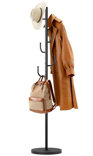 MISSLO Heavy Duty Coat Rack Freestanding 4 Adjustable Size Coat Tree with Stable Wood Base Coat Hanger Stand with 6 Hooks Standing Clothes Tree for Bedroom, Black