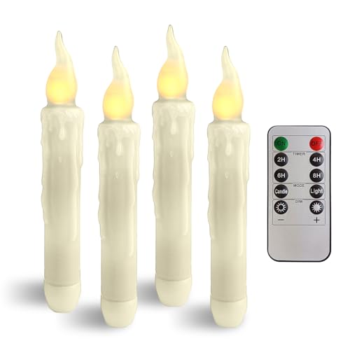 Image of Real Wax LED Flameless Short Taper Candles with Remote, 6.7 Inches White Candlesticks, Dripless Battery Operated Flame Rustic Primitive Flameless Halloween Candles for Home, Pack of 4