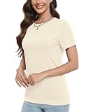 NILOUFO Womens Summer Casual Short Sleeve Tunics Tops Crew Neck Blouses Dressy Basic Shirts(Beige, Medium)