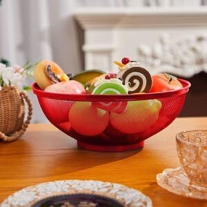 Image of Fruits Bowl Basket Apple Shape Mesh with lid Tabletop Vegetable Holder Keep Unwanted Pets & Insects Out Kitchen Dishwashing Drain Basket (Red)