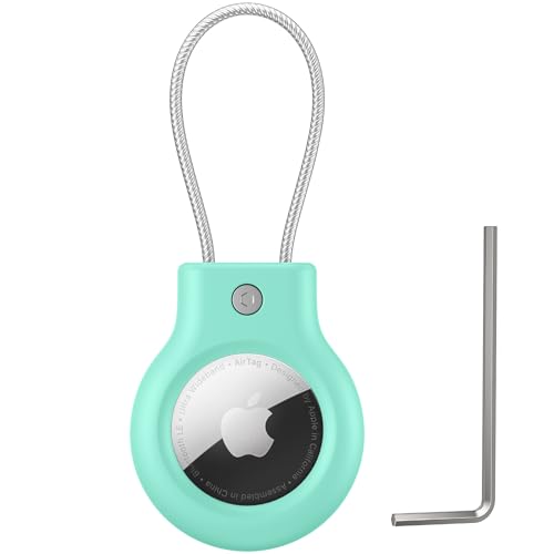 Image of Meliya at Holder for Apple at Secure Holder with Wire Cable, 4 Pack Air Tag Lock Case Keychain Key Ring Key Chain Luggage Tag for Keys, Luggage & More - Mint Green
