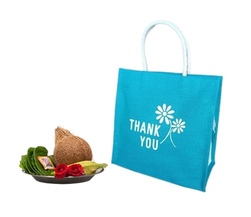 Image of Soman Jute Ecofriendly Return Gift Bags Thank You Printed with Zip Blue Pack of 10 Bags