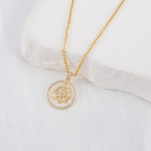 Chicgrowth Compass Necklace For Women, Gold Plated Circle Rudder Pendant Necklace Cubic Zirconia Steering Round Wheel Sea Rudder Nautical Ship Necklace thumb #4