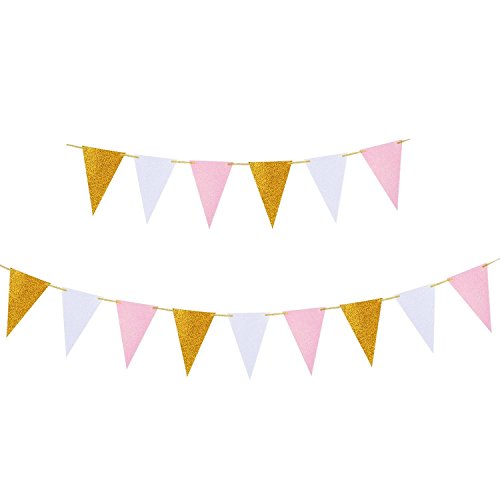 MerryNine - Banderines triangulares de bandera, 3 unidades, 30 pies, estilo vintage, para bodas, baby shower, eventos y fiestas, 78 banderas Oro blanco rosa
