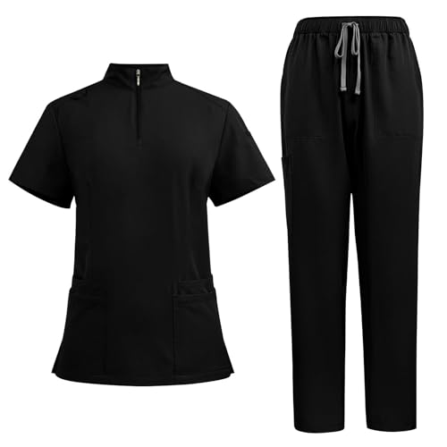 Scrubs for Women Set Half Zip Scrub Top with Pockets & Straight Leg Scrub Pant Quick Drying Solid Nurse Uniform Black
