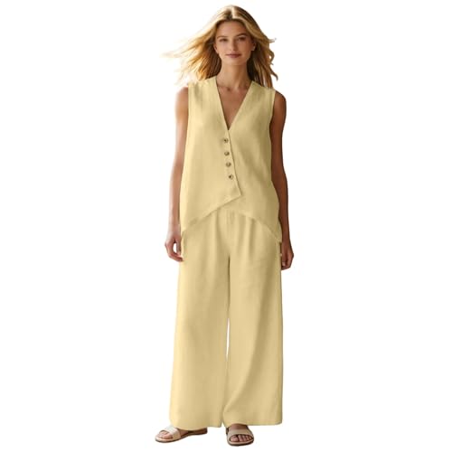 Conjunto de lino para mujer de chaleco asimétrico y pantalón ancho casual
