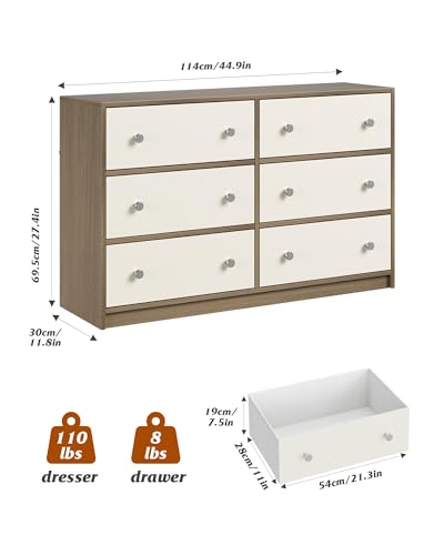 Nicehill 6 Drawers Dresser for Bedroom, Fabric Storage Tower, Chest of Drawers Organizer,Storage Cabinet,Hallway, Closets, Living Room,Wooden Dresser(Light Wood Grain and White)