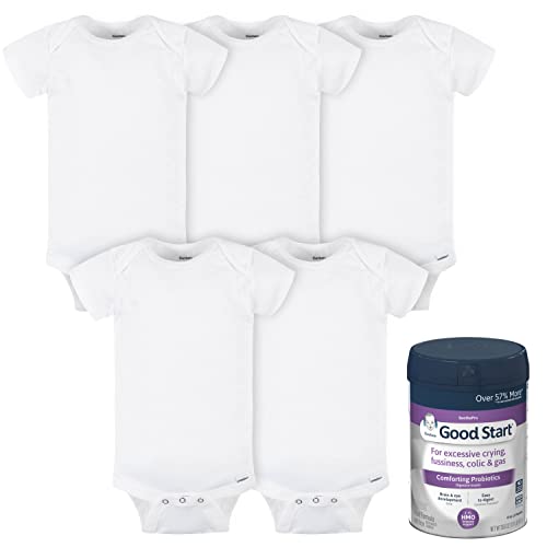Gerber Baby Neutral White Onesies and Good Start Soothe Infant Formula with Probiotics Set, 12 Months