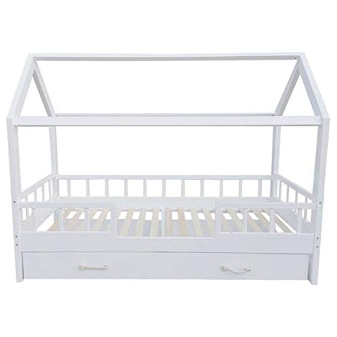Cama Infantil de Madera en Blanco con somier en diseño de casa Cover