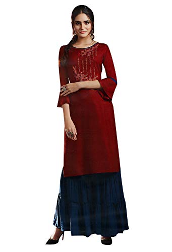 ladyline Plain Rayon Embroidered Womens Kurti Set with Sharara Pants Indian Tunic Kurta Dress (Size-40/ Maroon)
