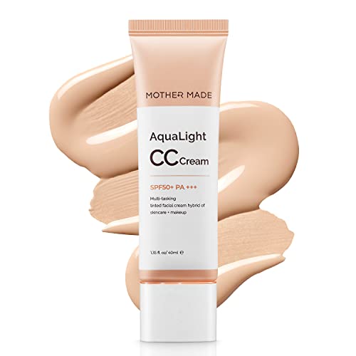 MOTHER MADE AquaLight Korean CC Cream SPF50+ PA+++ for Fair to Light skin tones Tone-up Sunscreen with Vitamin C & E Niacinamide | Airy Finish Lightweight Beige Color | 1.35 fl oz