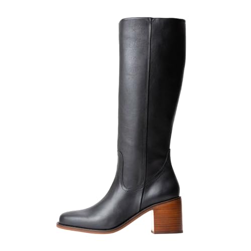 Women's Retro Wide Calf Knee-High Boots With Side Zipper Chunky Heel Square Toe Fashion Leather Boots2