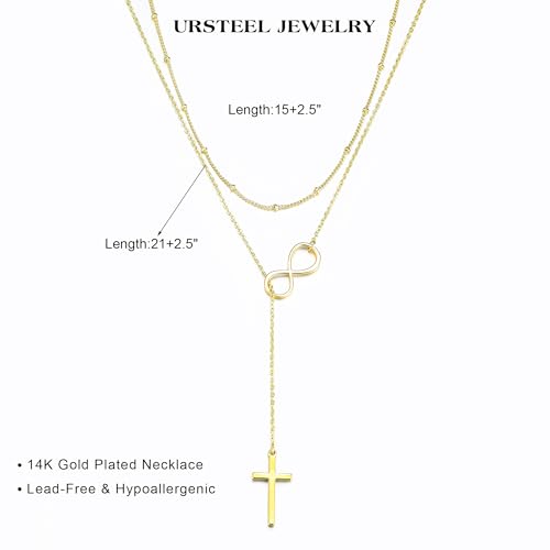 Ursteel Lariat Gold Cross Necklace for Women - Dainty 14K Gold Plated Y-Shaped Cross Pendant Necklace Long Layered Pearl Heart Necklaces Religious Christian Baptism Faith Jewelry Gifts 6