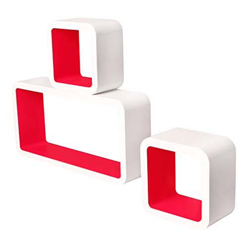 Lestarain LGA021 Juego de 3 Estanteria Cubo de Pared Cuadrada Libreria Repisas Invisibles Estanteria Pared Flotantes Blanco/Rojo Oscuro Decorativo CD