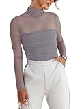 REORIA Women’s Fall Sexy Mock Turtle Neck Long Sleeve Sheer Mesh Slim Fit Ruched Trendy Going Out Leotard Bodysuits Tops Deep Grey Medium