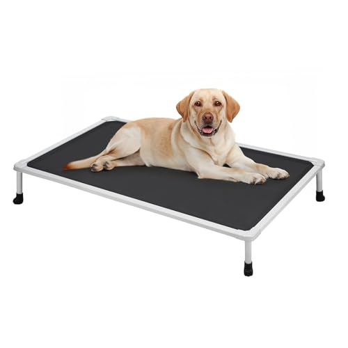 Veehoo Cooling Outdoor Elevated Dog Bed – Chewproof Raised Dog Cots Bed for Large Dogs, Silver Metal Frame, Washable Pet Platform with Non-Slip Feet for Indoor and Outdoor, 107 x 76 cm, Black