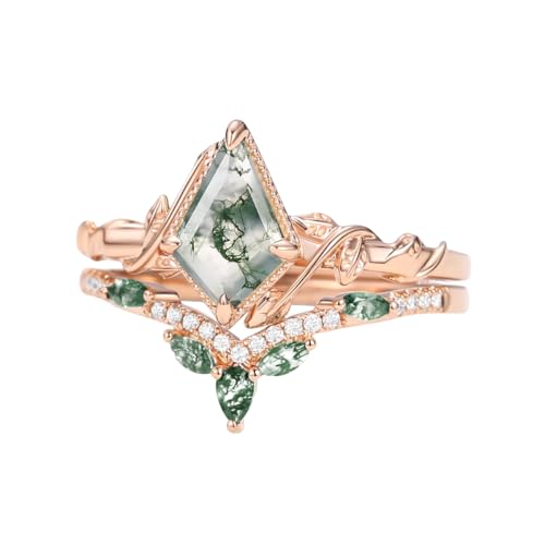 925 Sterling Silver 1.5 CT Leaf Kite Cut Moss Agate Ring for Women Dainty Moss Agate Bridal Set Rings Engagement Wedding Promise Ring Jewelry Gift for Wife Friends4