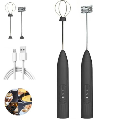 Mixer Elétrico Portátil Recarregável para Café e Bebidas, 3 Velocidades com 2 Batedores de Aço Inoxi