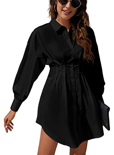 Rozegaga Mini Robe Chemise Sexy boutonnée à Manches Longues pour Femme, Noir, Taille L Cover