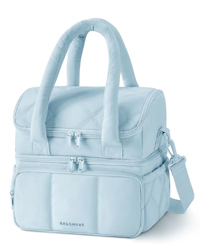 Image of BAGSMART Lunch Bag Women, Double Deck Insulated Lunch Box, Quilted Puffer Lunch Tote, Leakproof, Durable & Reusable Large Lunch Cooler For Work Picnic Travel Meal Prep, Light Blue