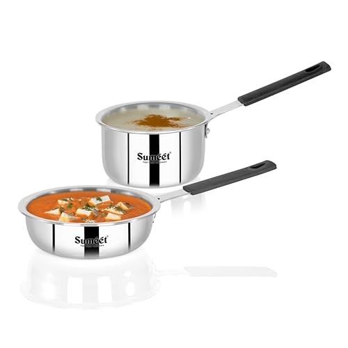 Image of Sumeet Cook Smart ISI Certified Tri-Ply (Steel - Aluminium - Steel) Set of 3 Pcs Mini FryingTadka Pan 400ml - SauceTadka Pan 450ml with Silicon Grip | Induction & Gas Friendly | 2.5mm Thick, Silver
