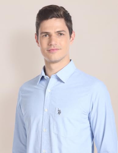 Image of U.S. POLO ASSN. Men's Blue Solid Spread Collar Collared Neck Full Sleeve Casual Cotton Regular Fit Shirt