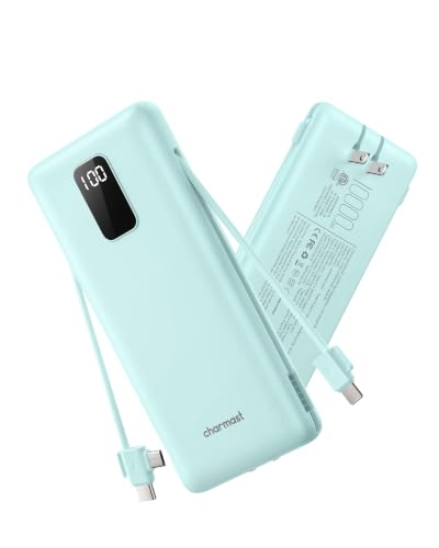 Image of charmast 10000mAh Portable Charger with Built-in Cables and AC Wall Plug | Slim All-in-One USB-C Power Bank, Charge Up to 4 Devices at Once, Travel Essential, Compatible with iPhone, Samsung, Android