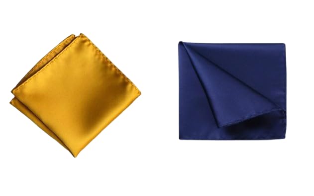 Men's Pocket Square Set – Mustard & Navy Blue (Pack of 2) | 10x10 inch Satin Handkerchief for Sherwani, Suit, Tuxedo, Blazer & Festive-image-48