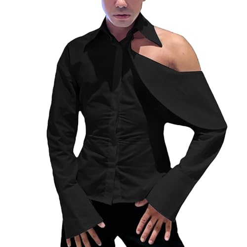 Cambkatl Men's Cold Shoulder Button Down Shirts - Long Sleeve Sexy Personalized Lapel Collar Club Party Shirts - Main Image