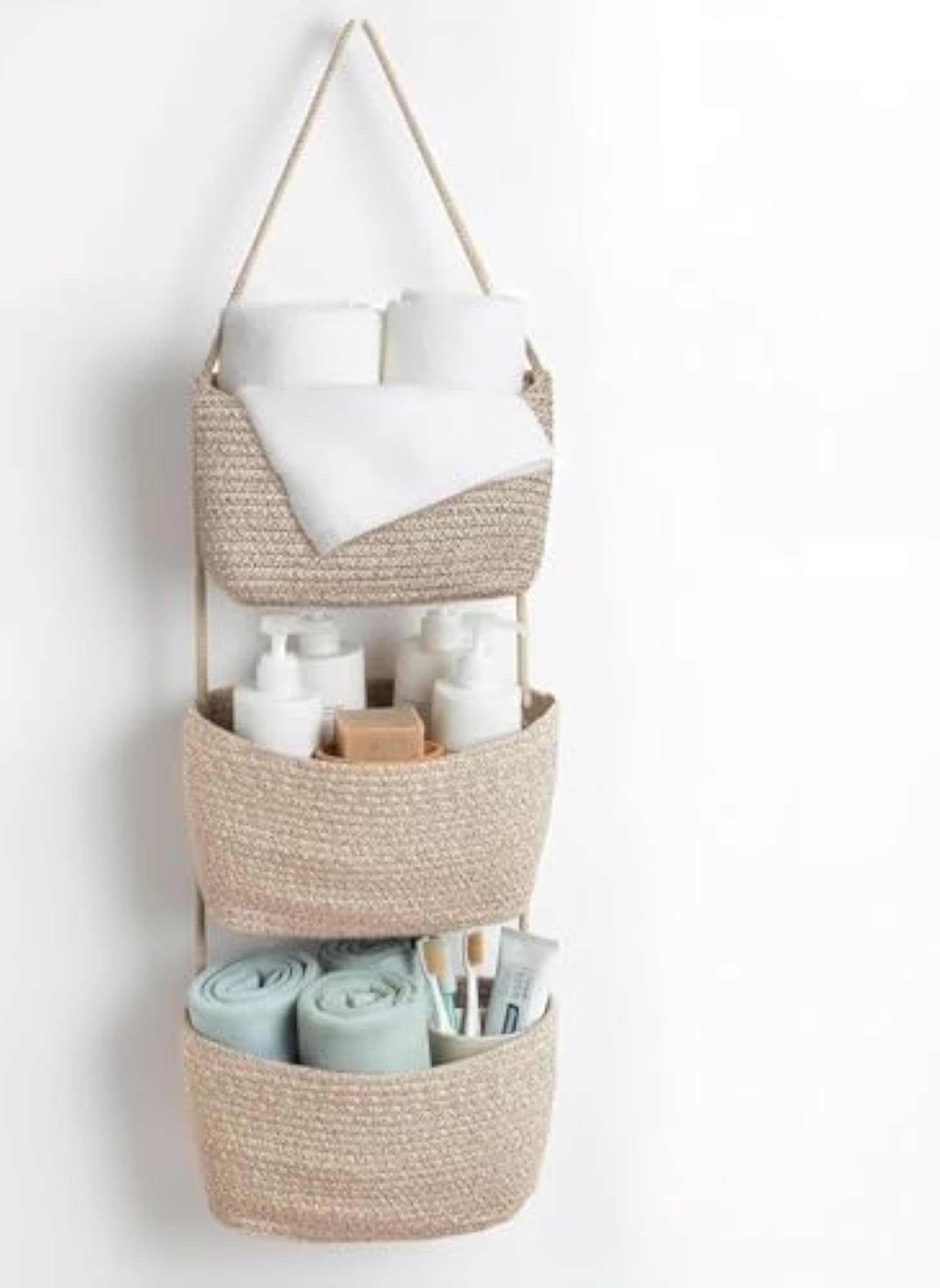 3-Tier Wall Hanging Storage Baskets, Cotton Rope