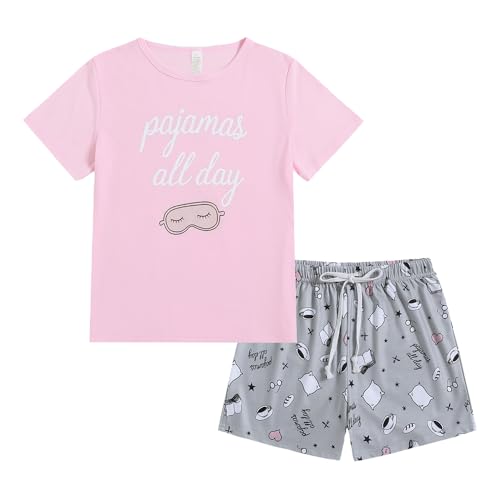 VENTELAN Pajama Set For Women Cute PJS Summer Short Sleeve Shorts Sleepwear X-Small Coffee-pink