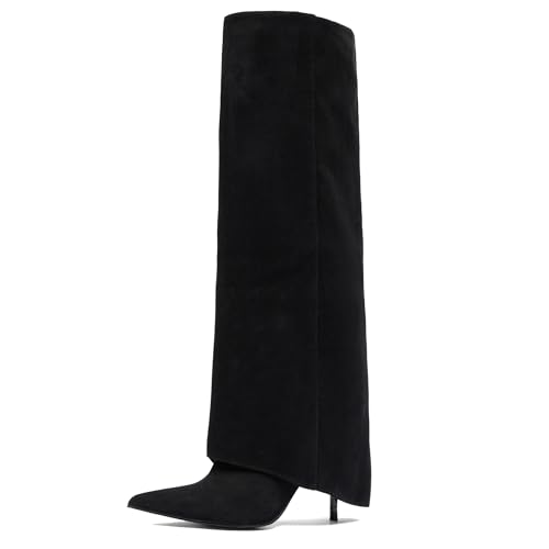 NEWBELLA Women's Suede Knee High Boots - Slip-On Trouser Boots Stiletto Heel, Casual Versatile Tall Boots for Fall & Winter Fashion, Black 7