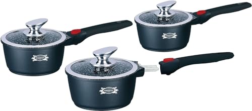 HAUSSMANN Heritage Lot de 3 Casseroles (16/18/20cm) - Fonte d'Alu Façon Pierre - Manches Amovibles & Couvercles Verre - Anti-adhésif Sans PFOA - Tous Feux...