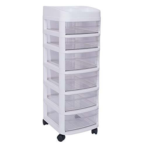 7 Tiers White Cart Storage Tower with 6 Clear Drawers, Rolling Drawer Storage Cabinet with 4 Universal Wheels, 34.2