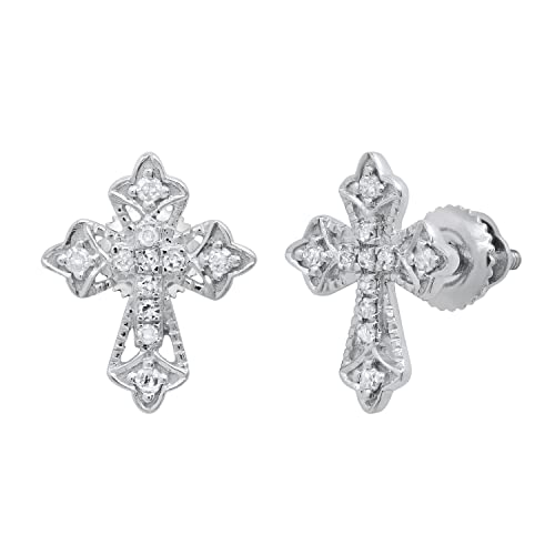Dazzlingrock Collection Round White Diamond Vintage Cross Stud Earrings for Women (0.13 ctw, Color I-J, Clarity I2-I3) in 925 Sterling Silver in Screw Back