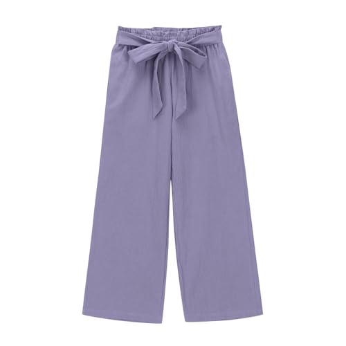 Girls Comfy Linen Pants Casual Summer Belted Elastic Waist Loose Soft Workout Trousers for Kids 4-14 Years4