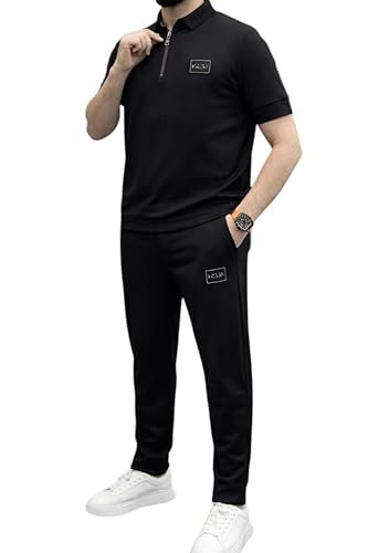 MEZA Men's Casual Sports Set Half Zipper Polo Pants Summer L...