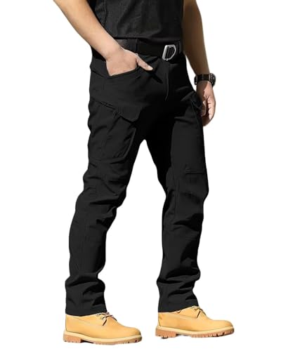 Boonlight Men's Lightweight Tactical Pants, Water Resistant Hiking Cargo Pants with Multiple Pockets for Outdoor (No Belt), Black