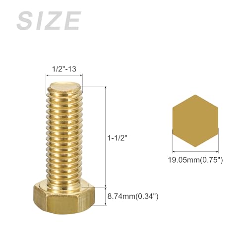 Image of METALLIXITY Hex Head Screw Bolt (1 /2-13x1-1 /2) 1Pcs, Brass Fully Threaded Solid Brass Hex Bolts Machine Screws - for Machinery Repair