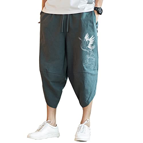 DOSLAVIDA Calça capri masculina harém de linho leve cintura elástica perna larga cropped calça casua