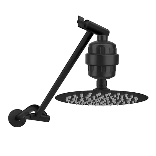 jeriussg 8-Inch Round Filtered Rainfall Shower Head with 9" Shower Extension Arm, Matte Black High Pressure Shower Head Filter Removes Chlorine for Hair and Skin jeriussg 8-Inch Round Filtered Rainfall Shower Head with 9" Shower Extension Arm, Matte Black High Pressure Shower Head Filter Removes Chlorine for Hair and Skin